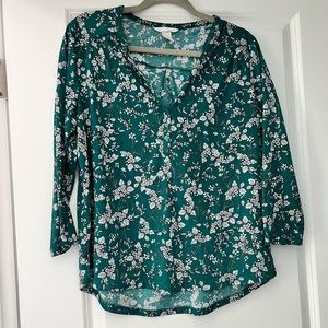 H&M Green Floral Print Top, 3/4 Length Sleeve